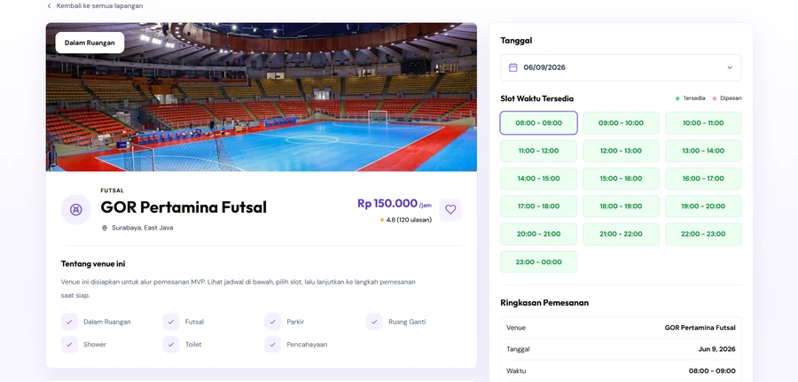MatchPoint field detail page showing a futsal venue, available booking slots, and booking summary